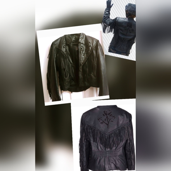 Black Genuine Leather Fringed Jacket w/ Black Rose - Picture 1 of 14